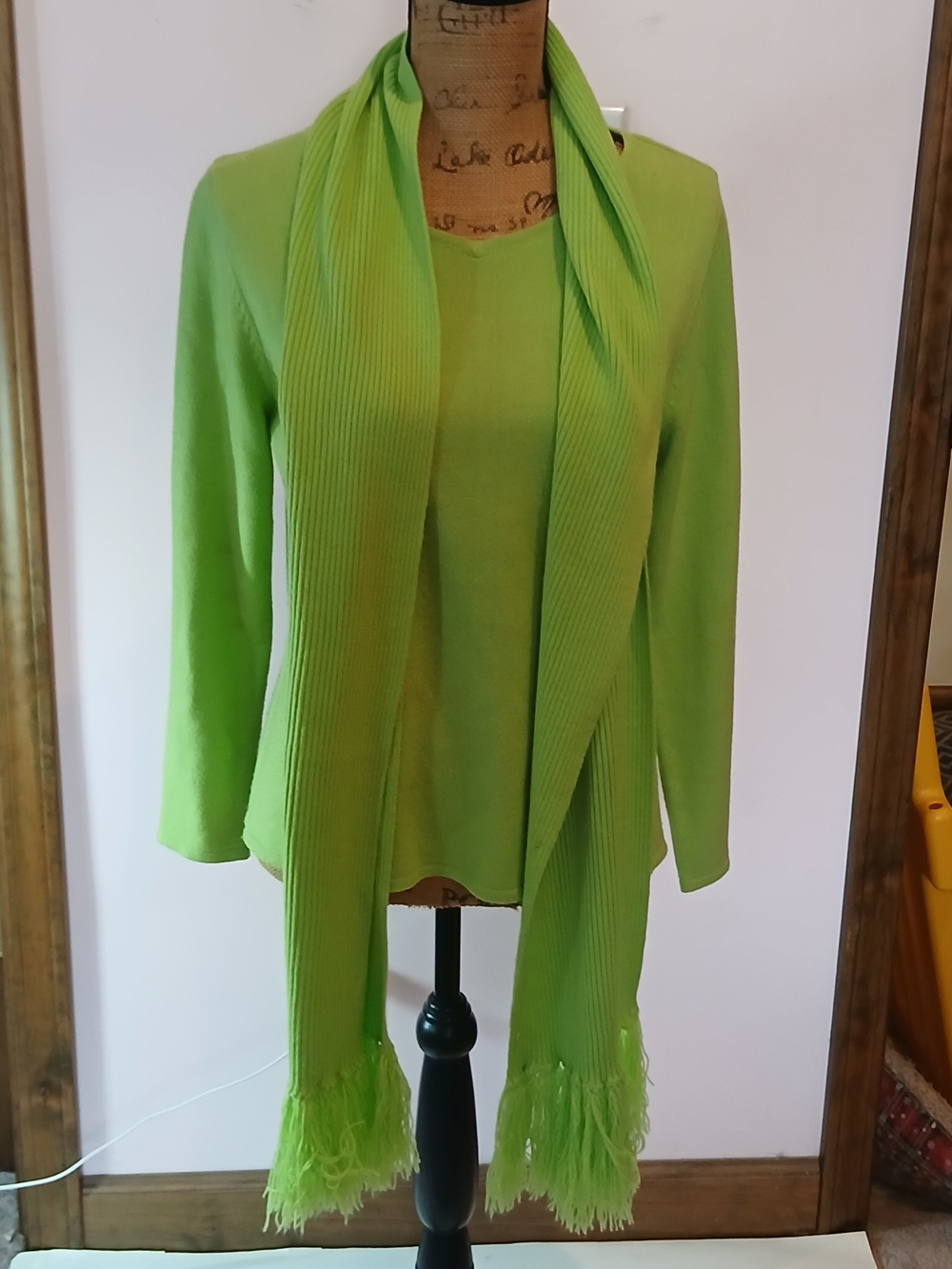 Women’s Lightweight Pullover Sweater W/Fringe Scarf Lime Green Good Clothes M